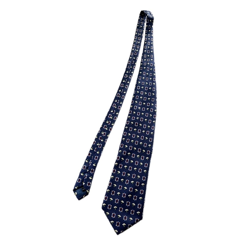 Alexandre London 100% Silk Mens Navy Blue Full Length Tie Floral Geometric